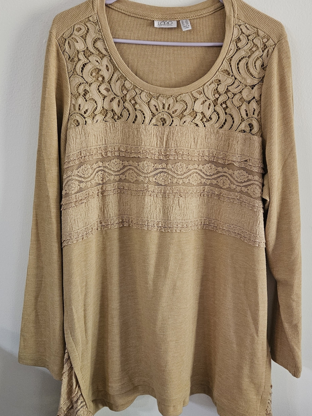 LOGO by Lori Goldstein Lace-Accent Long Sleeve Top/ Tunic in Tan. Fall, Boho